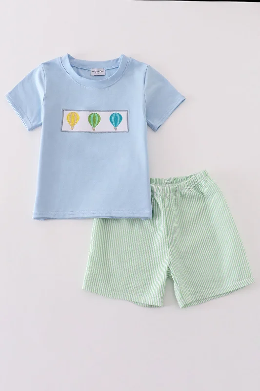 Blue hot air balloon embroidery boy set