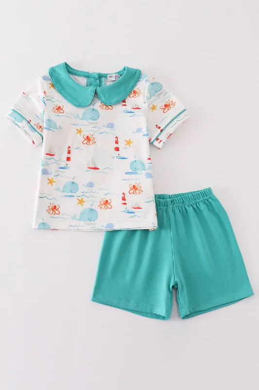 Whale lighthouse print boy set