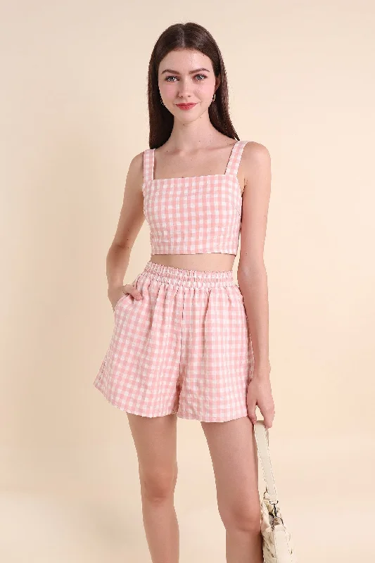 MADEBYNM ISOLA GINGHAM 2-PC SHORT SET IN PINK