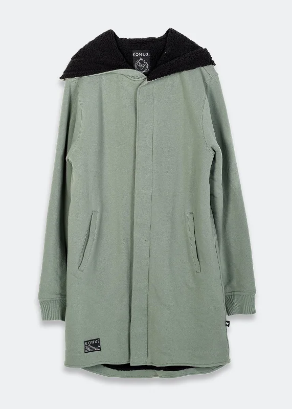 Casual Chic Konus Men's Sherpa Lined Long Hoodie in Olive