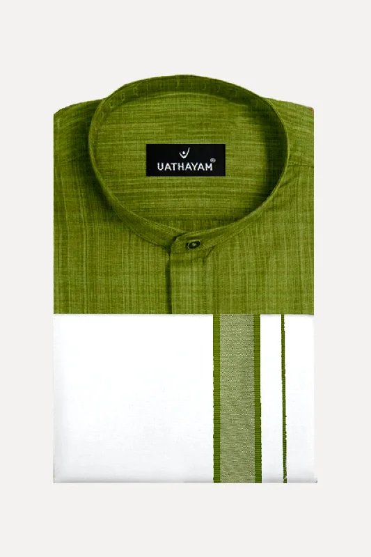 Urban - Avocado Green Short Kurta and Fancy Border Dhoti Set For Men  (Assorted Borders) | Uathayam