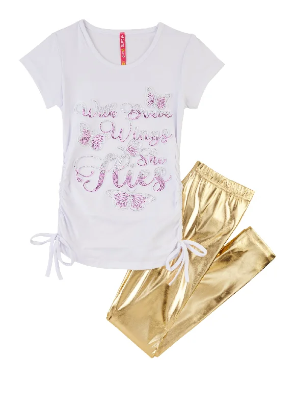 Girls With Brave Wings She Flies Butterfly Tee and Faux Leather Leggings