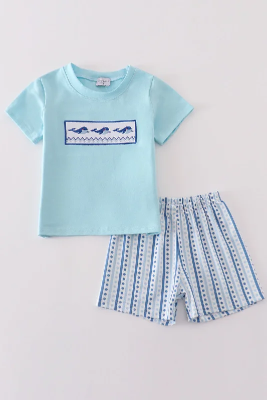 Blue whale embroidery boy set