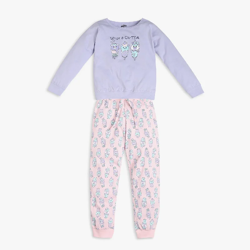 Girl's Regular Fit Graphic T-Shirt with Pyjama Sleepwear Set