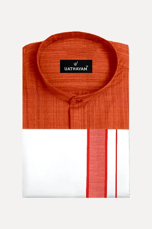 Urban -  Orange Short Kurta and Fancy Border Dhoti Set For Men  (Assorted Borders) | Uathayam