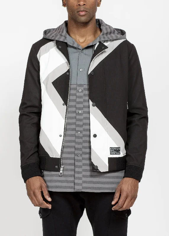 Casual Elegance Konus Men's Bomber Jacket With Geometric Panels in Black