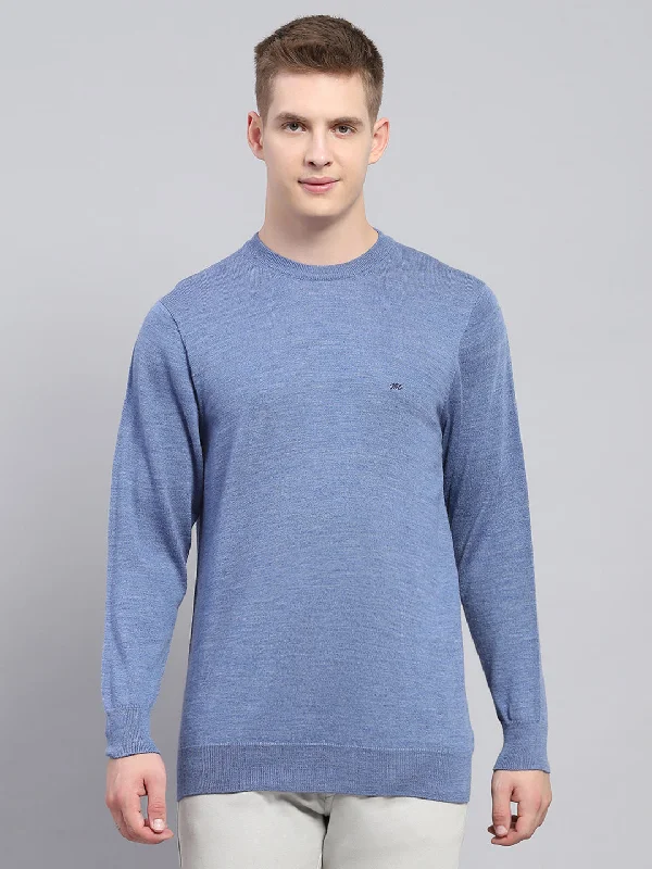 Men Blue Solid Round Neck Full Sleeve Pullover