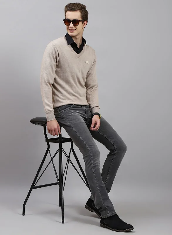 Men Beige Solid Pure wool Pullover