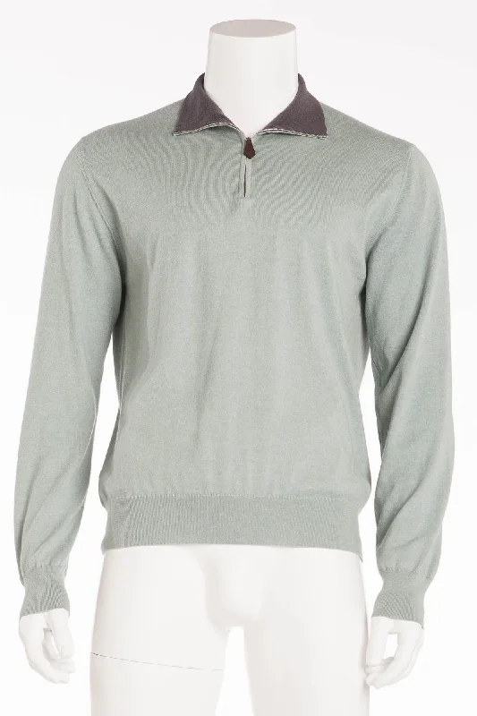 Authentic Hermes - Green Zip Neck Cashmere Sweater Grey Collar - XL