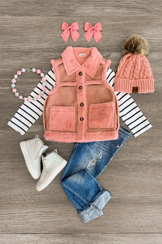 2 Piece - Pink Suede Fur Vest Set