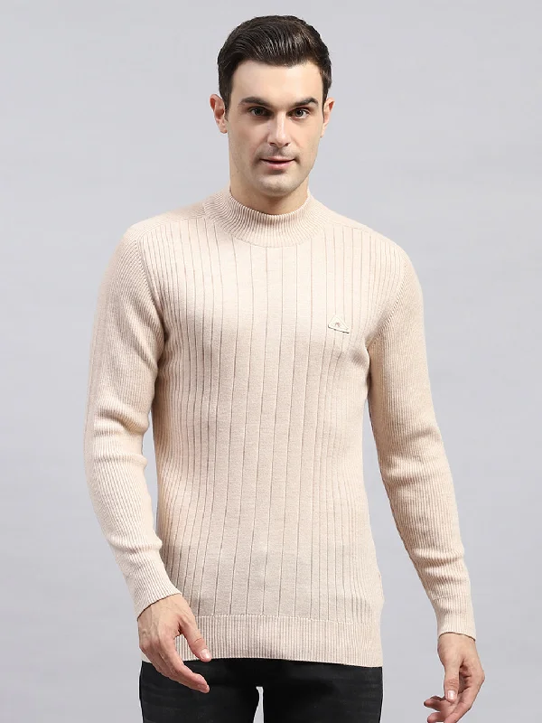 Men Beige Solid High Neck Full Sleeve Pullover