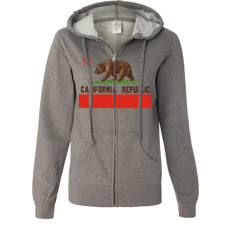 Don Pimentel California Republic Bear Flag Brown Text Ladies Lightweight Fitted Zip-Up Hoodie