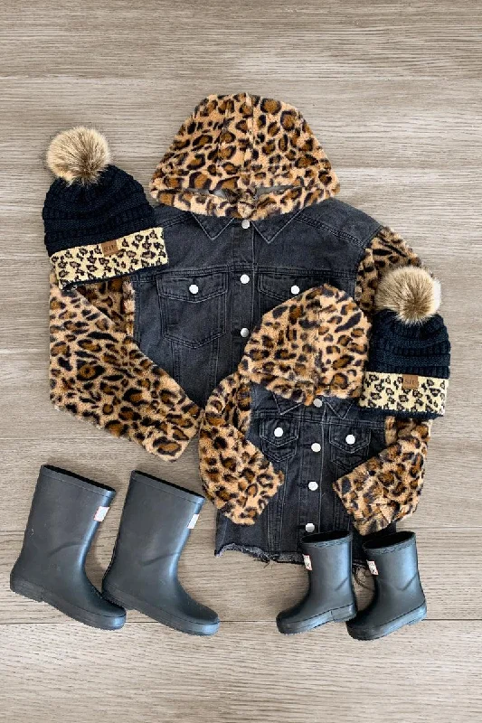 Mom & Me - Cheetah Fur Hooded Denim Jacket