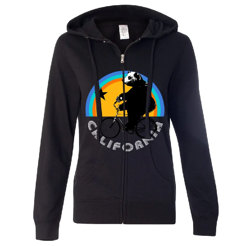 California Bear On Bike Ladies Lightweight Fitted Zip-Up Hoodie