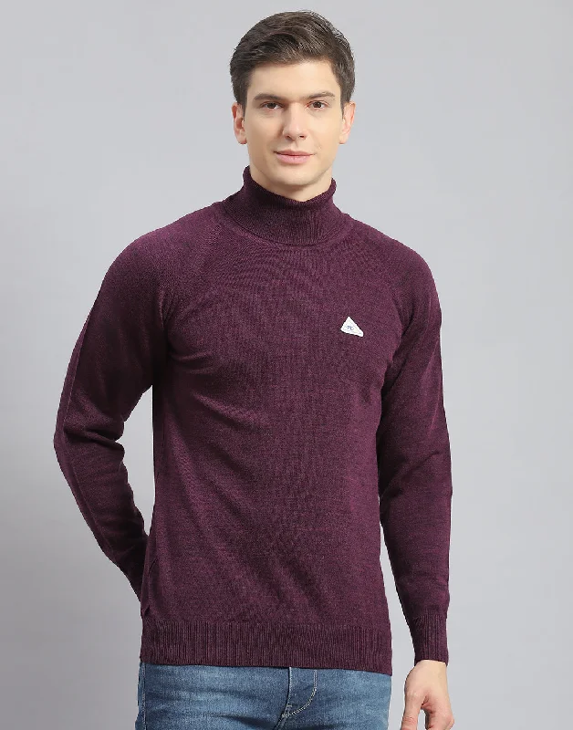 Men Purple Solid High Neck Full Sleeve Pullover