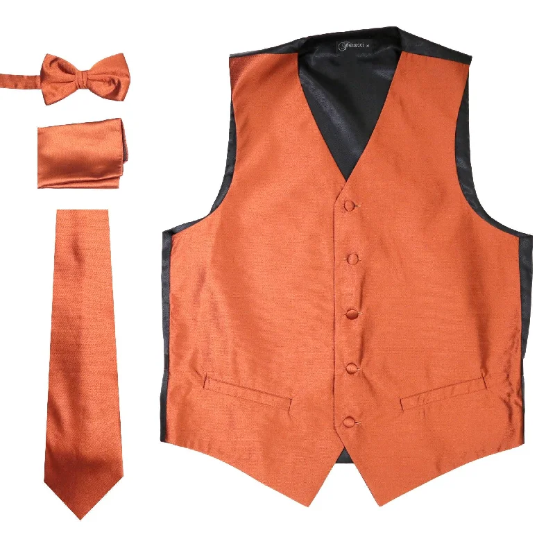 Ferrecci Mens Solid Rust Vest Set Includes Tie Bow Tie Hankie and Vest