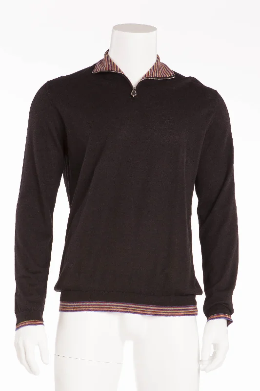 Authentic Hermes - Black Zip Neck Sweater with Multicolor Stripes on Inner Collar - XL