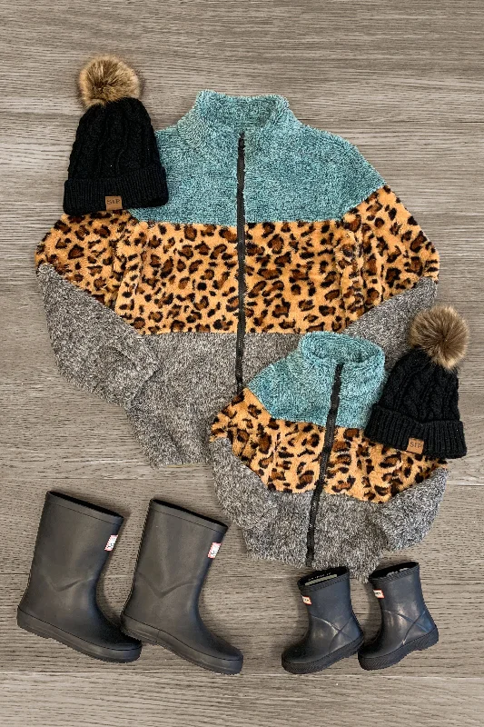 Mom & Me - Teal & Gray Leopard Zip Sherpa