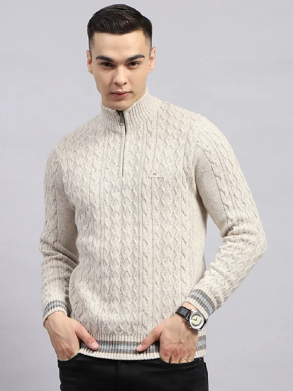 Men Cream Self Design High Neck Full Sleeve Pullover