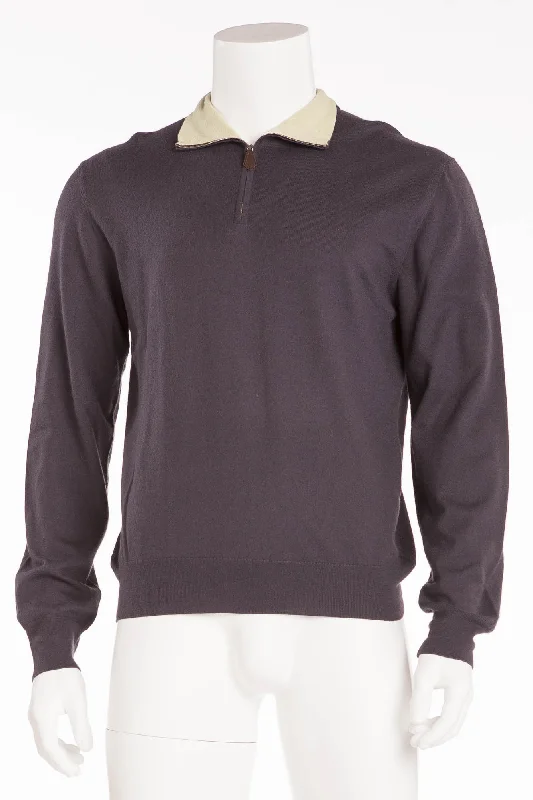 Hermes - Cashmere Zip Neck Sweater with Green Inner Collar - XL