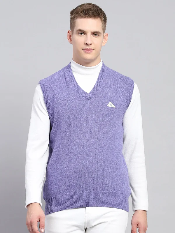 Men Purple Solid V Neck Sleeveless Sweater