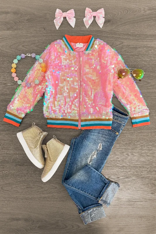 Pink Iridescent Sequin Bomber Jacket