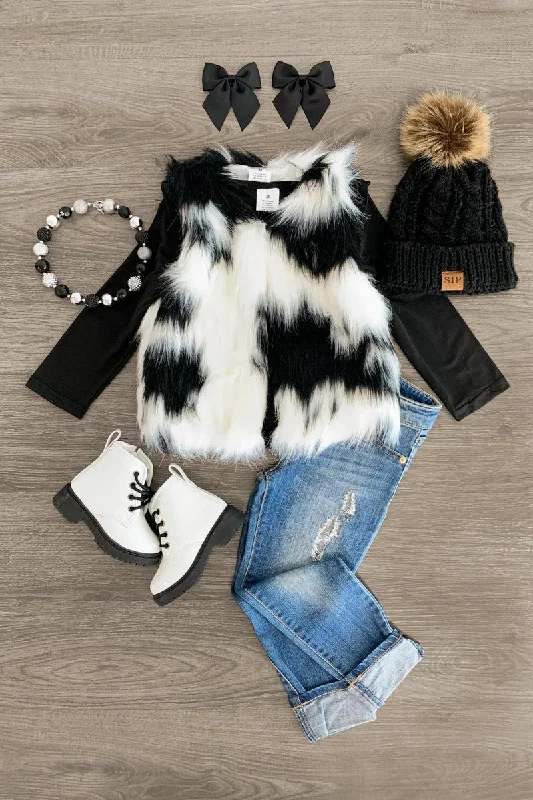 2 Piece - Black & White Fur Vest Set