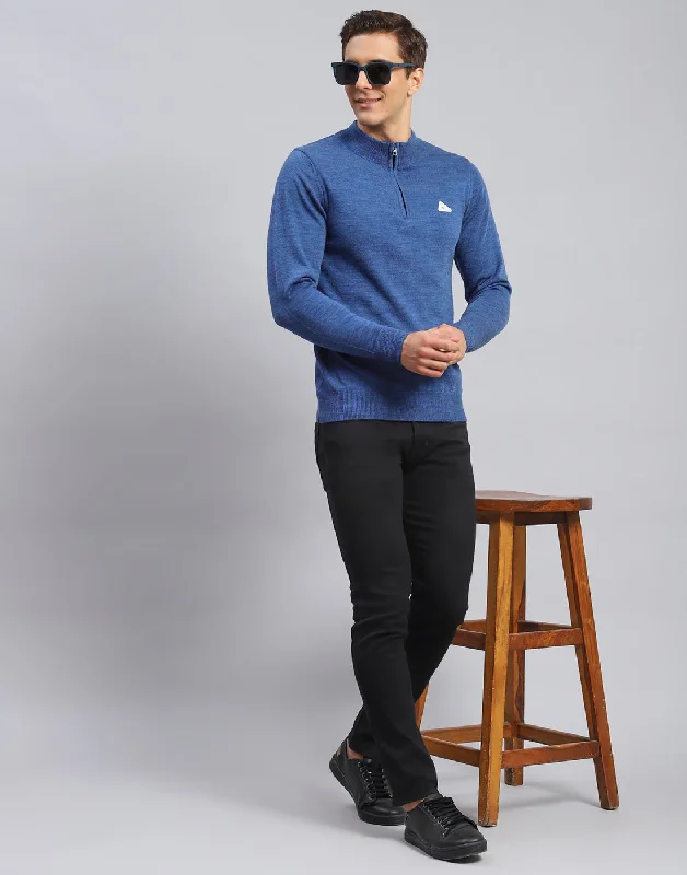 Men Blue Solid High Neck Full Sleeve Pullover