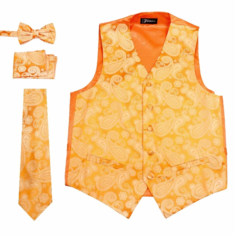 Ferrecci Mens Orange/Orange Paisley Wedding Prom Grad Choir Band 4pc Vest Set