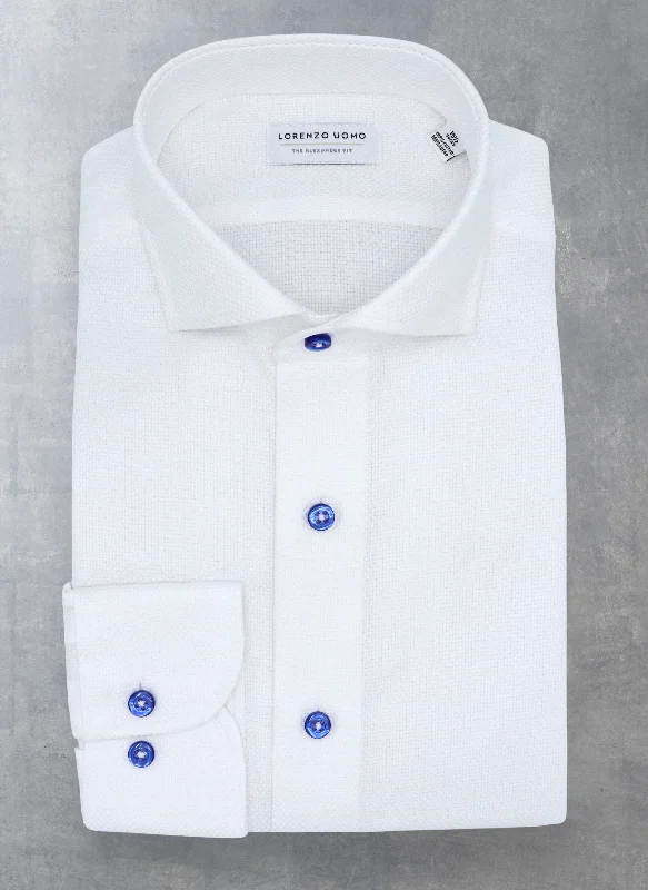 Alexander in White Solid Textured with Contrast Navy Buttons Shirt