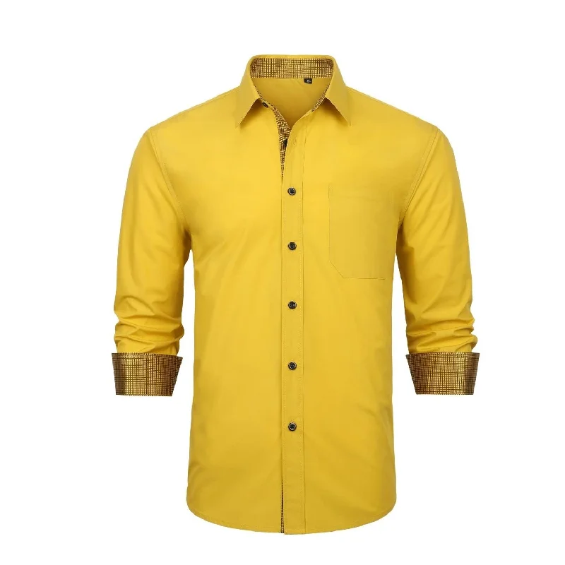 Men's Patchwork Dress Shirt with Pocket - 03-YELLOW