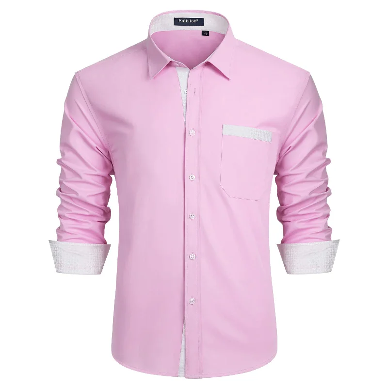 Men's Patchwork Dress Shirt with Pocket - PINK