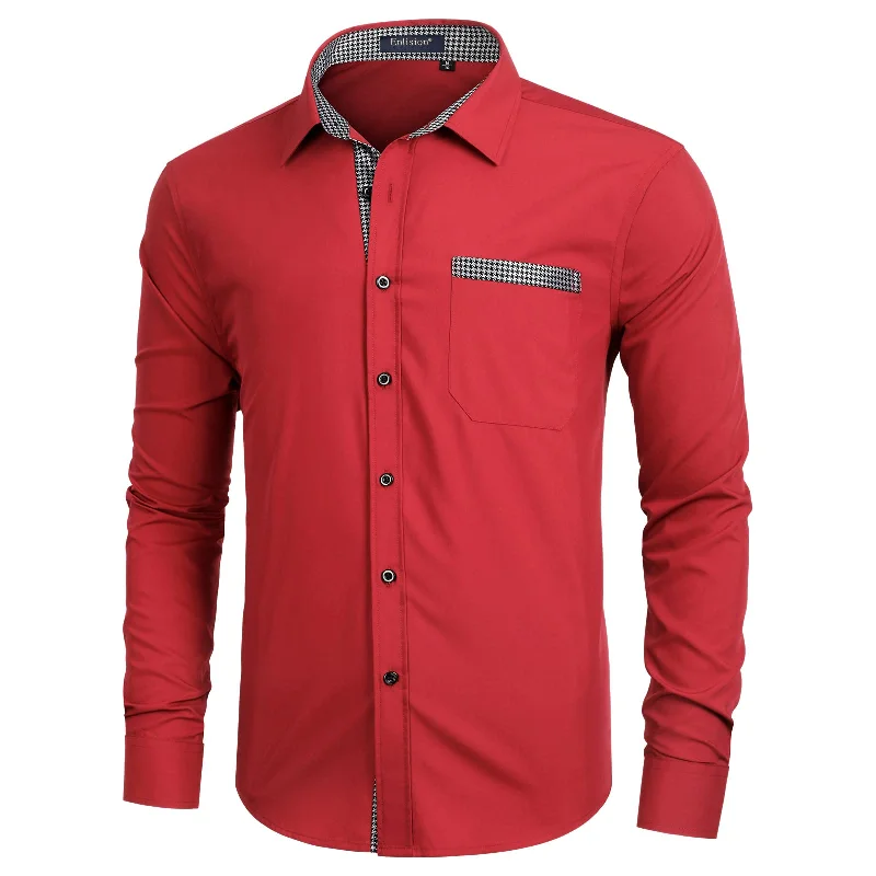 Men's Patchwork Dress Shirt with Pocket - RED