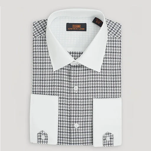 The Rees Dress Shirt | Classic Collar | Tab French cuff | Black Houndstooth Pattern