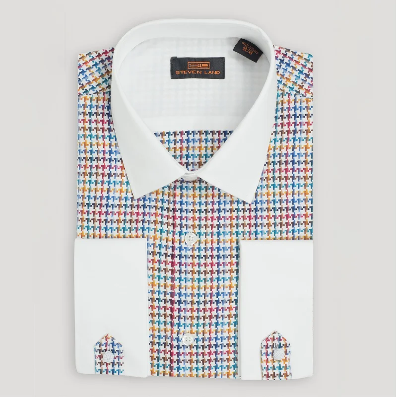 The Rees Dress Shirt | Classic Collar | Tab French cuff | Multicolored Houndstooth Pattern