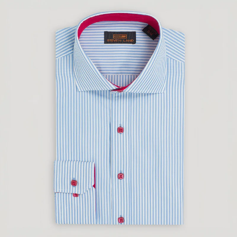 The Earl Striped Dress Shirt | Barrel Cuff & Spread Collar | Light Blue