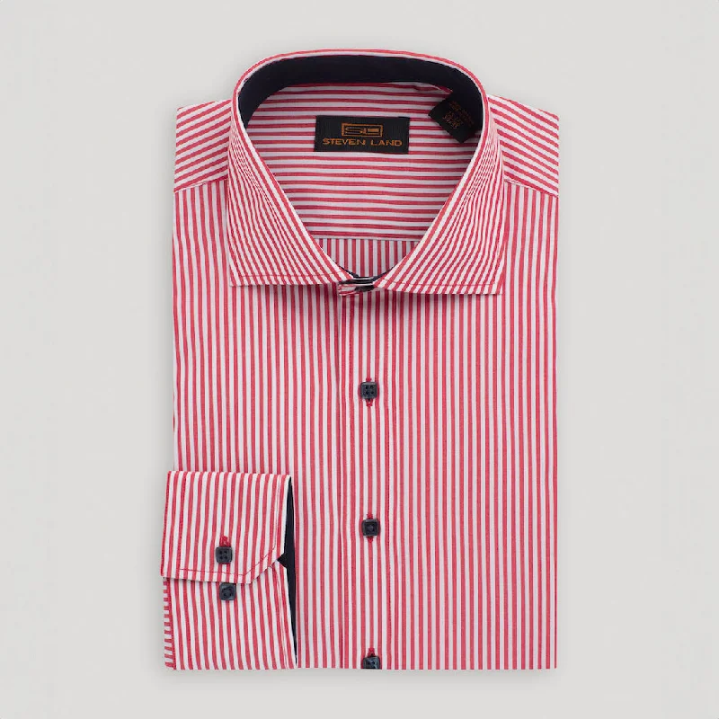 The Earl Striped Dress Shirt | Barrel Cuff & Spread Collar | Red