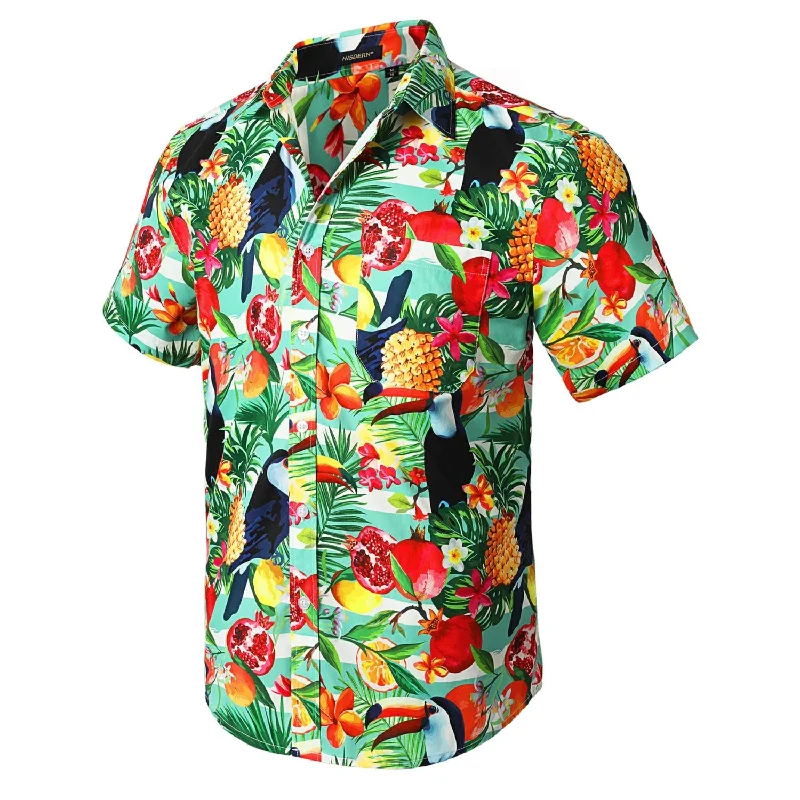 Hawaiian Tropical Shirts with Pocket - AQUA/RED