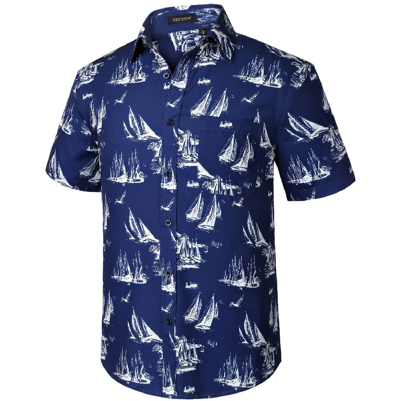 Hawaiian Tropical Shirts with Pocket - B-04 NAVY BLUE