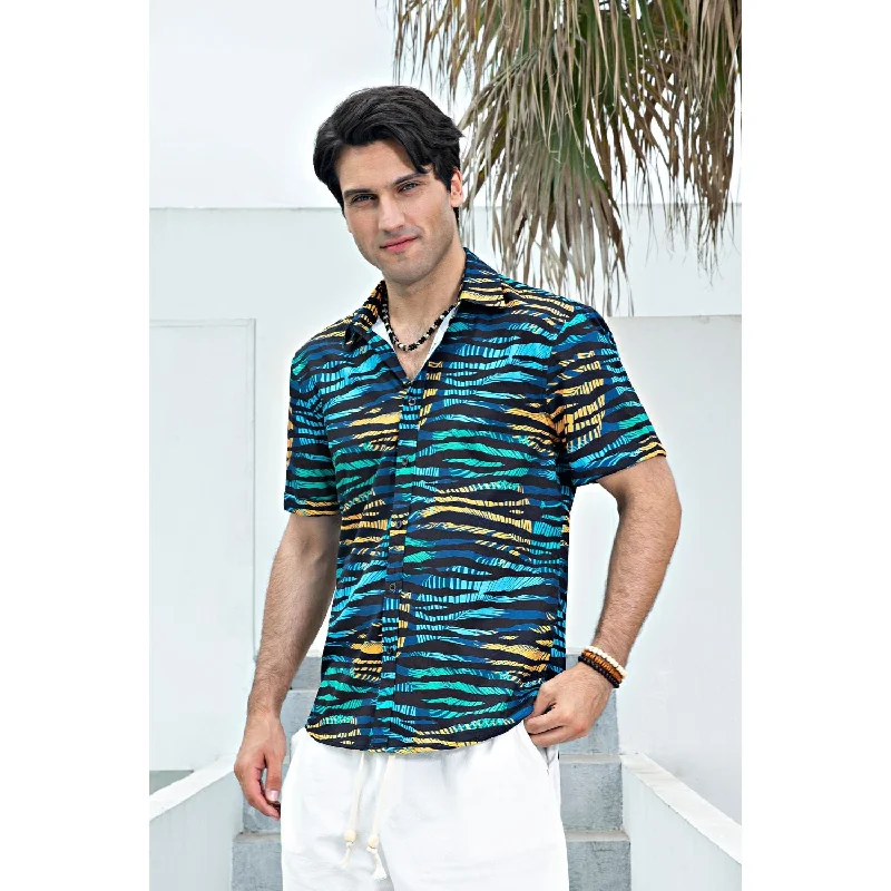 Hawaiian Tropical Shirts with Pocket - BLACK/BLUE