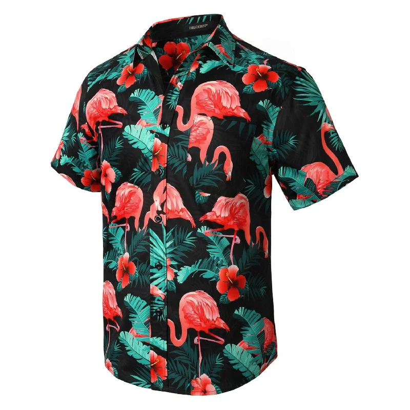 Hawaiian Tropical Shirts with Pocket - BLACK & PINK 01