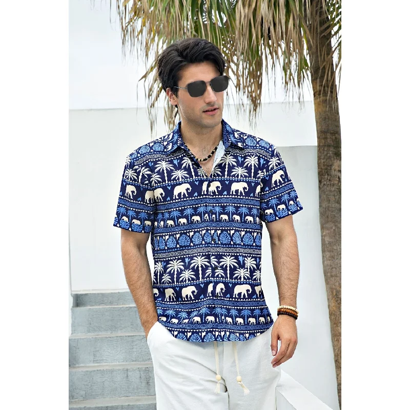 Hawaiian Tropical Shirts with Pocket - E-BLUE NAVY