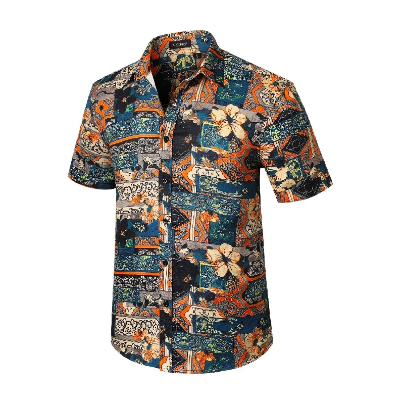 Hawaiian Tropical Shirts with Pocket - NAVY BLUE/ORANGE