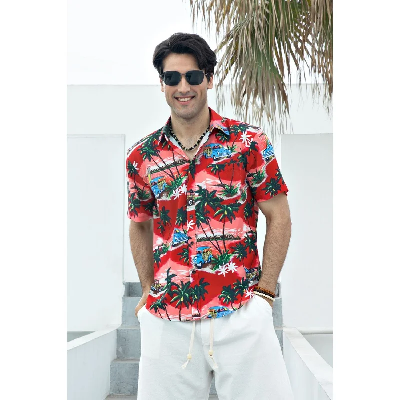 Hawaiian Tropical Shirts with Pocket - Z02- RED