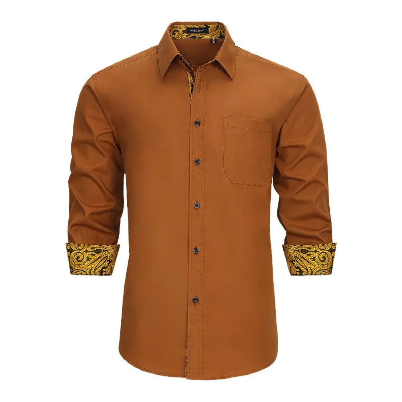 Men's Patchwork Dress Shirt with Pocket - BROWN/PAISLEY