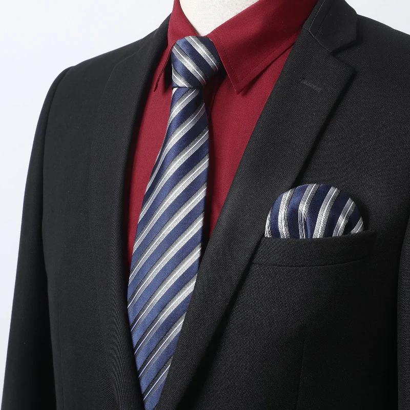 Men's Shirt with Tie Handkerchief Set - 06-DARK RED/NAVY