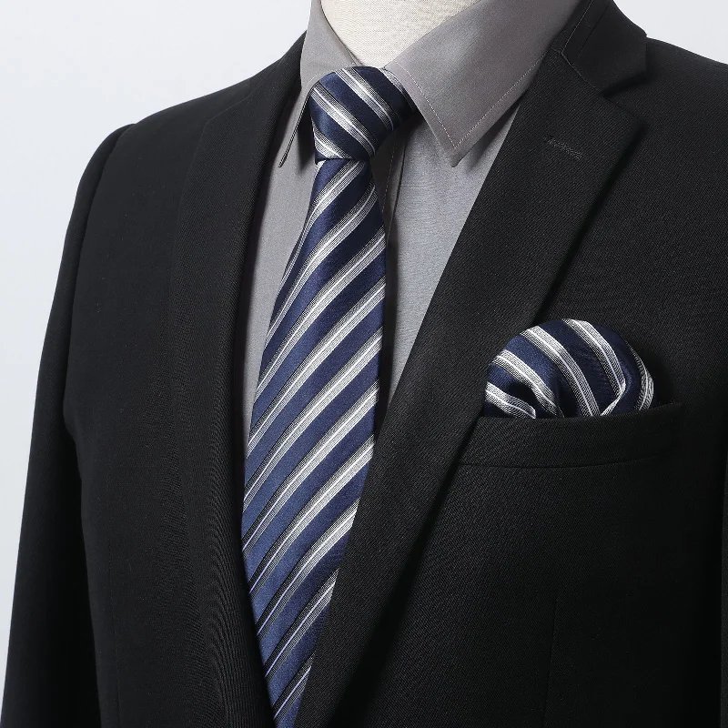 Men's Shirt with Tie Handkerchief Set - 07-GREY/NAVY