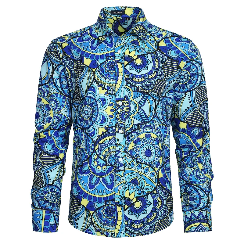 Men's Long Sleeve Shirt With Printing - BLUE/YELLOW