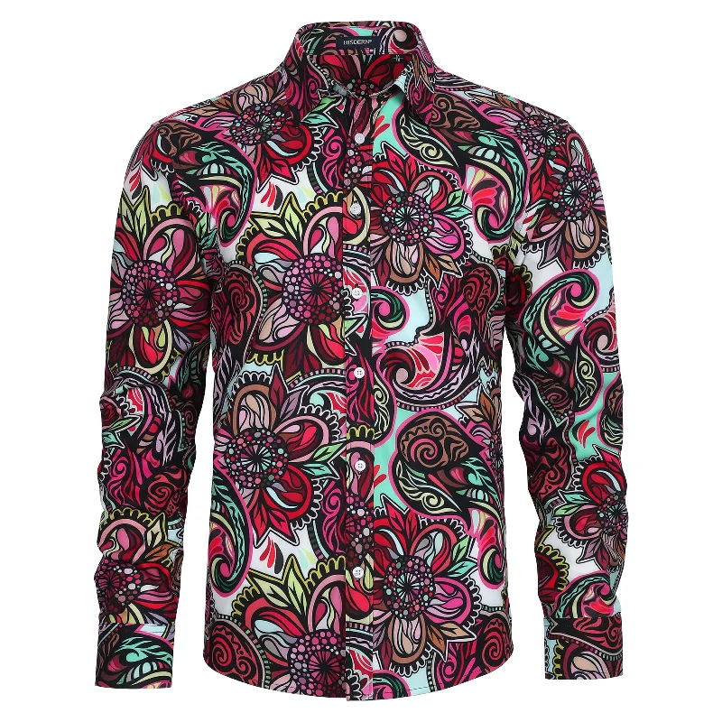 Men's Long Sleeve Shiny Shirt With Printing - RED