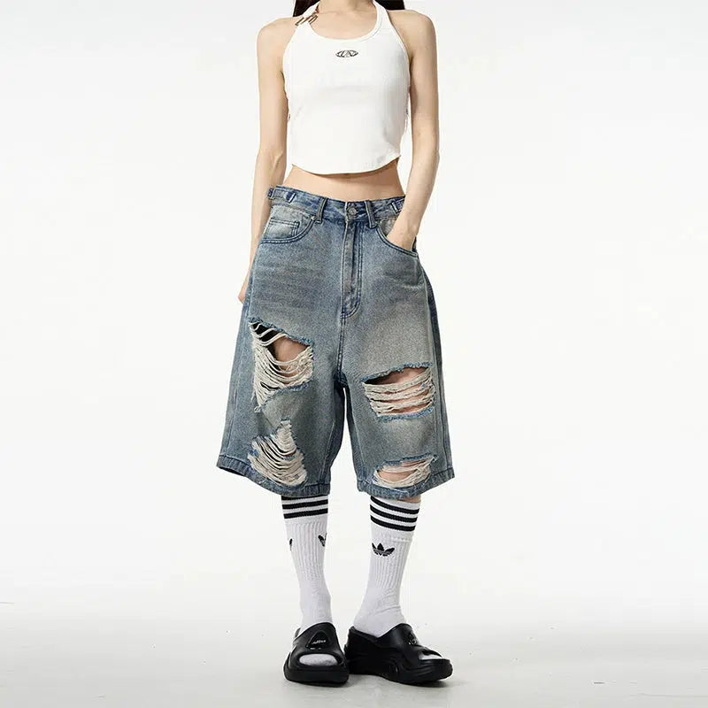 Loose-fit Knee-Length Denim Shorts